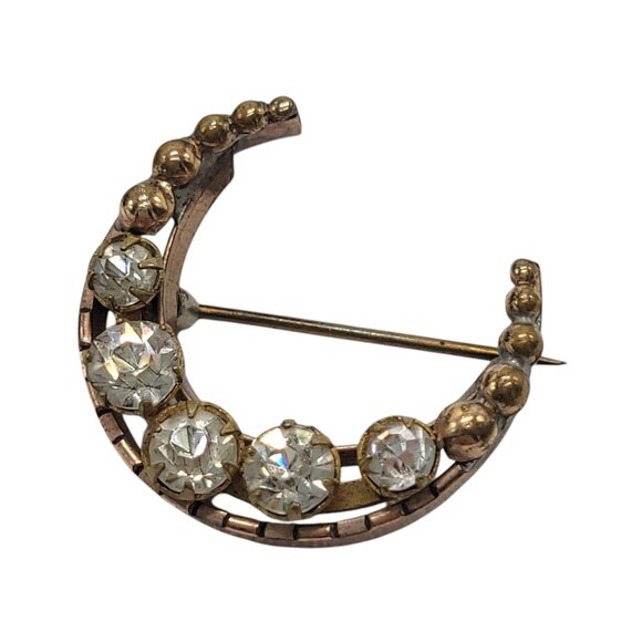 Vintage Crescent Moon Brooch With Rhinestone Accents & Gold-Tone Finish - Picture 1 of 7